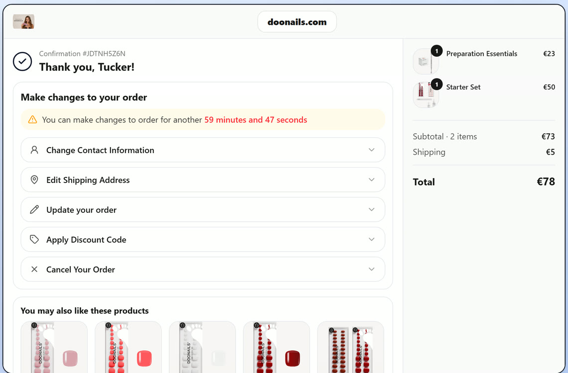 The DOONAILS Thank You page with the edit panel: change contact information, edit shipping address, update the order, apply a discount code or cancel.