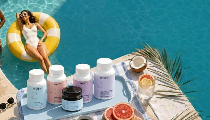 Mars by GHC supplements on a poolside tray